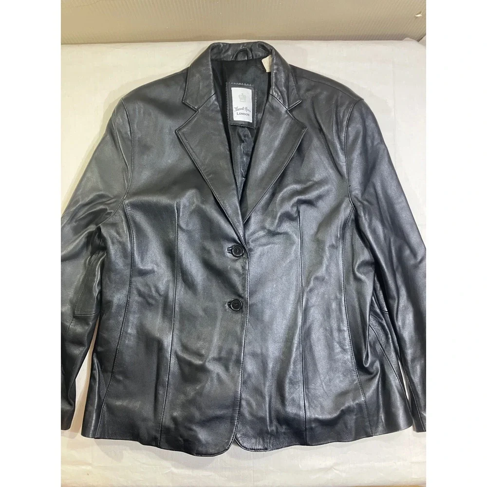 Maxwell Spence London Black Genuine Leather Blazer Jacket Womens XL 2 Button 90s